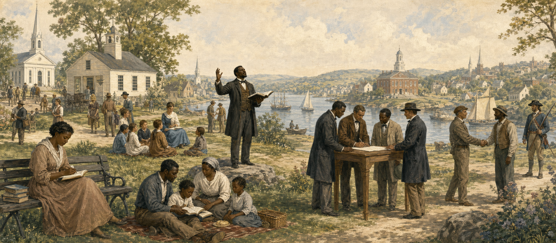 Pastel illustration of Christian heritage through preaching, writing, family worship, teaching, marriage, civic trust, and service.